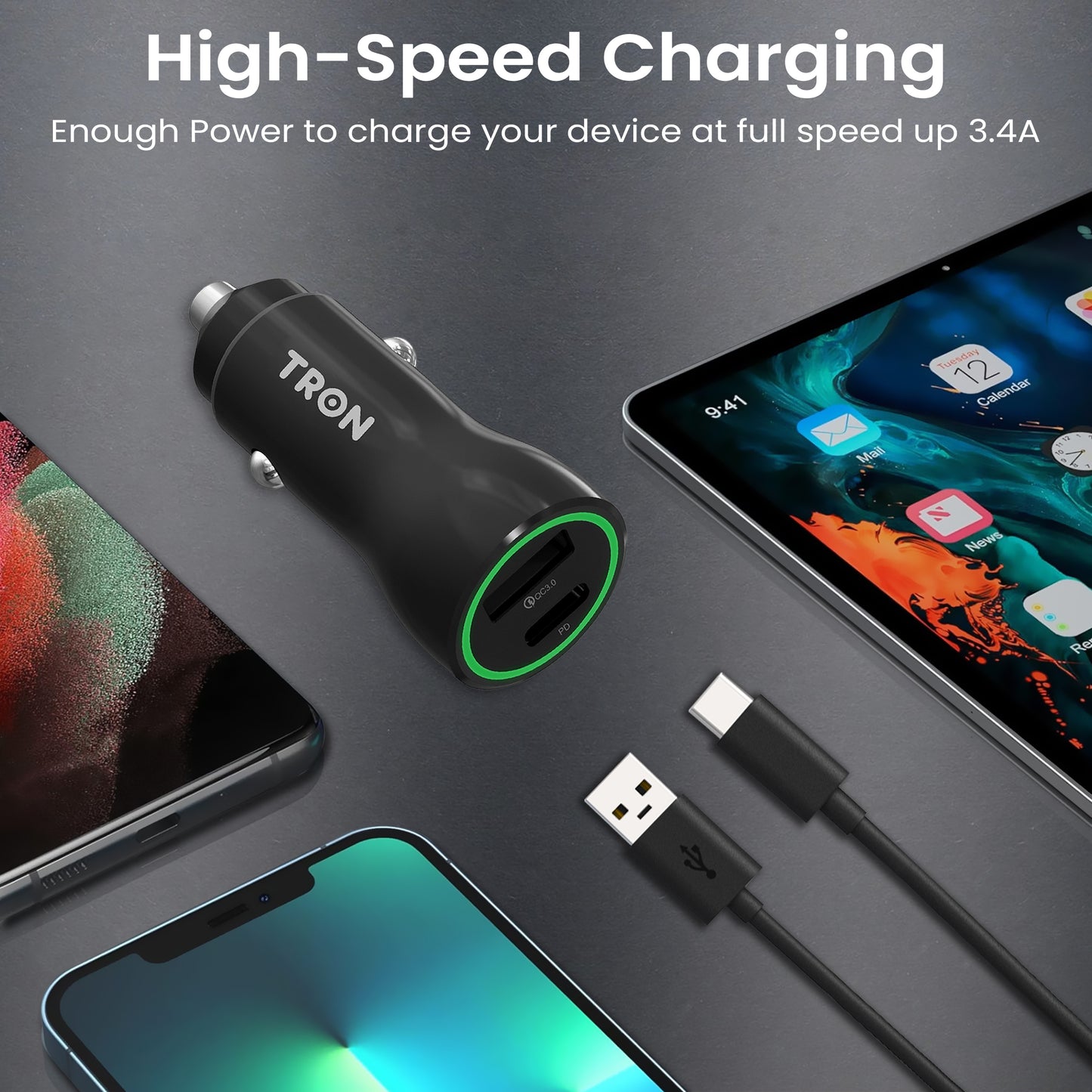 36W Car Charger, 2-Port USB-A + USB-C with LED Light-TR5