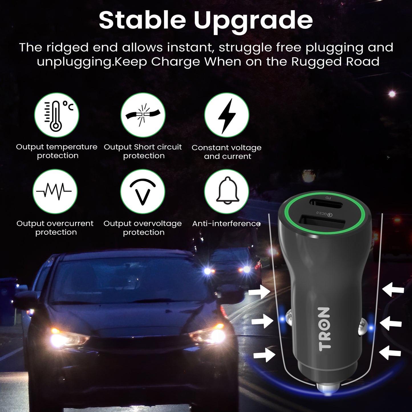 36W Car Charger, 2-Port USB-A + USB-C with LED Light-TR5