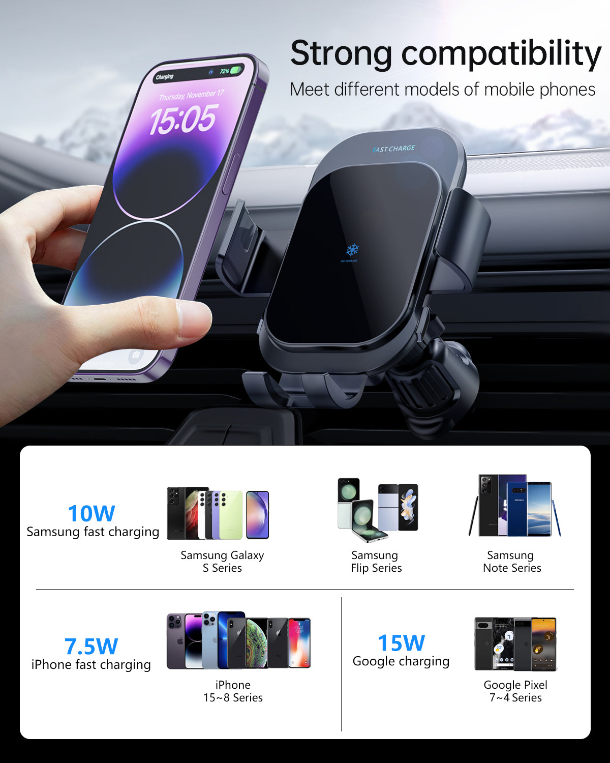 Ice Cooling Wireless Car Charger, Auto-Clamping with 3FT LED Cable and LED Light-TR33