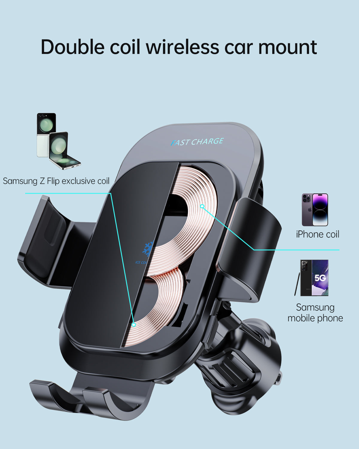 Ice Cooling Wireless Car Charger, Auto-Clamping with 3FT LED Cable and LED Light-TR33