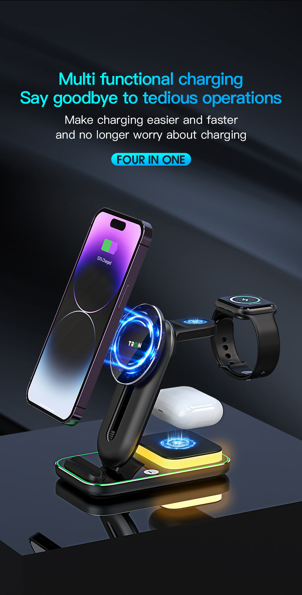 3-in-1 Wireless Charger, 25W Power Adapter, With night light & 3FT LED Cable-TR1