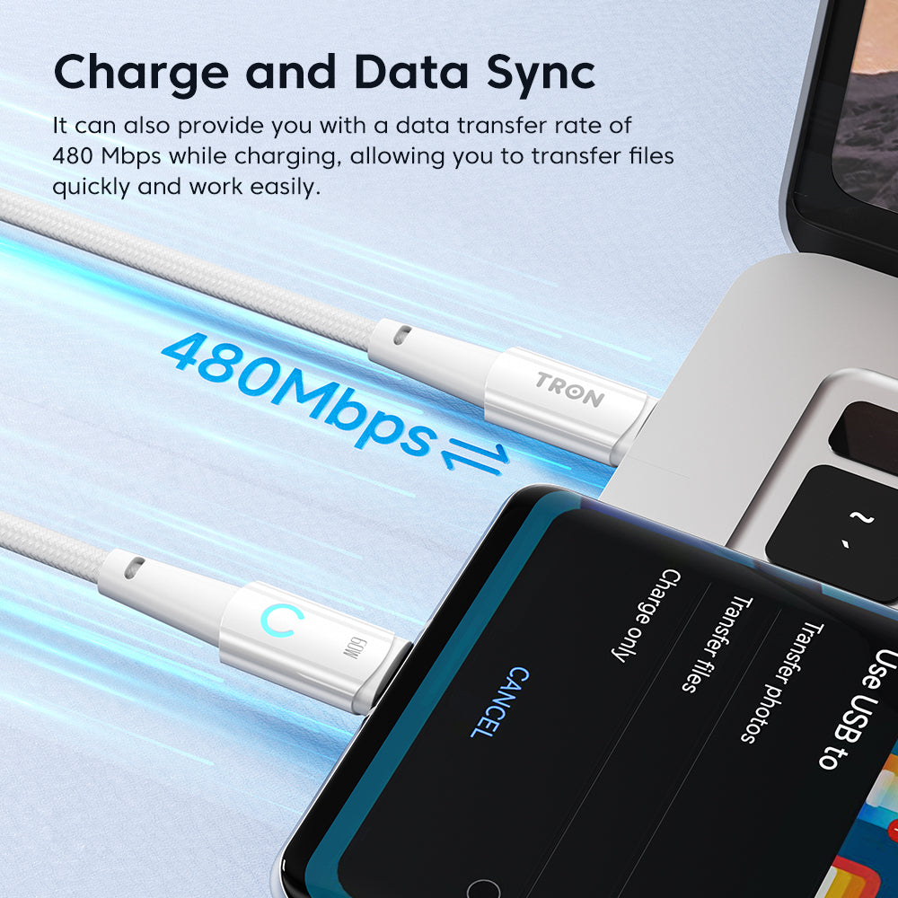 USB C to C Braided Charger Cable - White, 6FT, with LED Light-TR11
