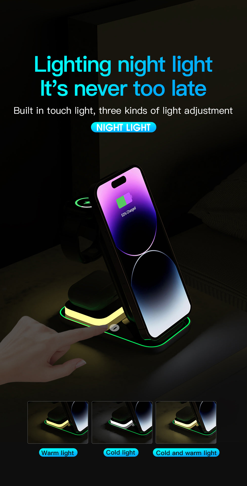 3-in-1 Wireless Charger, 25W Power Adapter, With night light & 3FT LED Cable-TR1