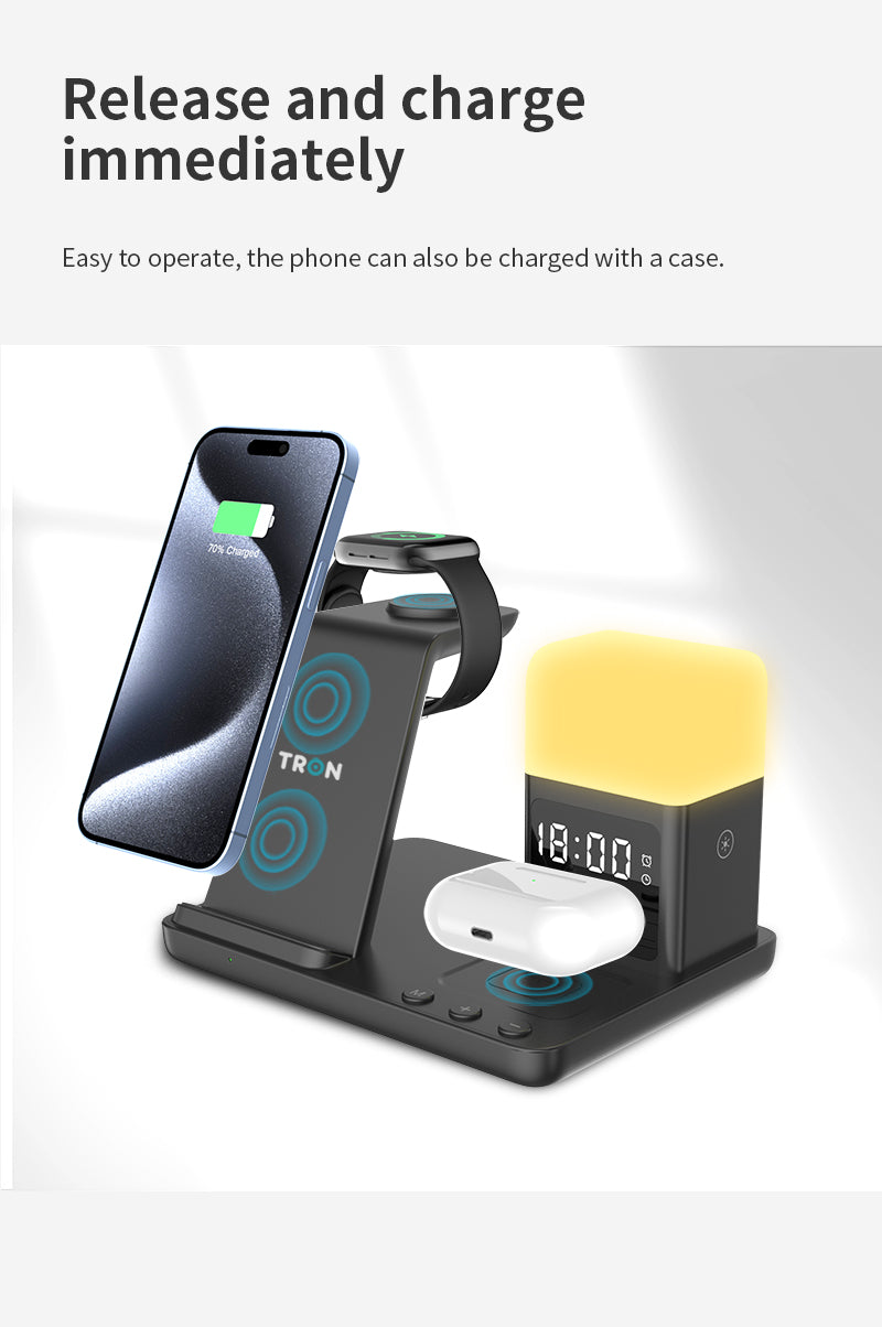 6-in-1 Wireless Charger, 25W Power Adapter, With night light and digital clock & 3FT LED Cable-TR20