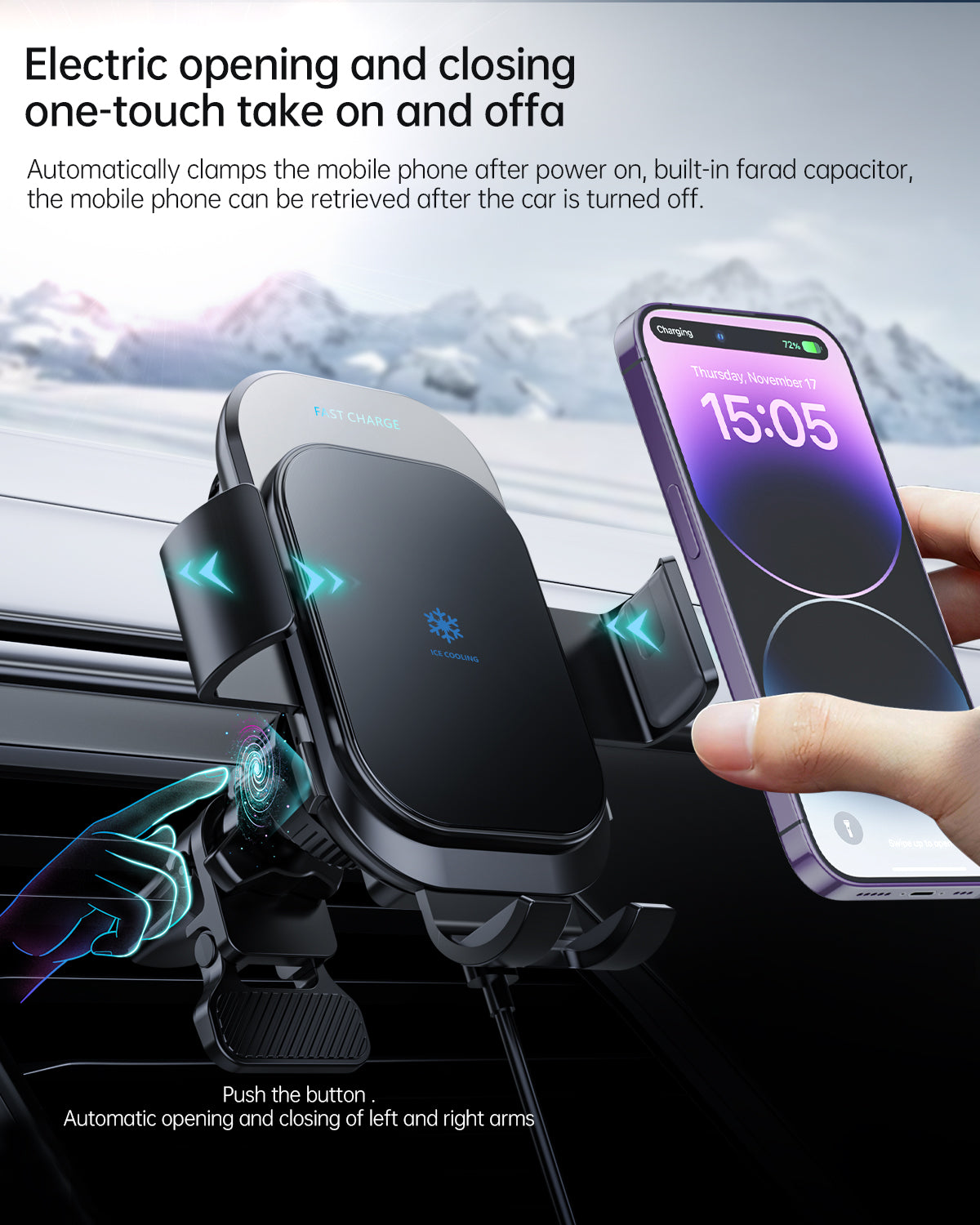 Ice Cooling Wireless Car Charger, Auto-Clamping with 3FT LED Cable and LED Light-TR33