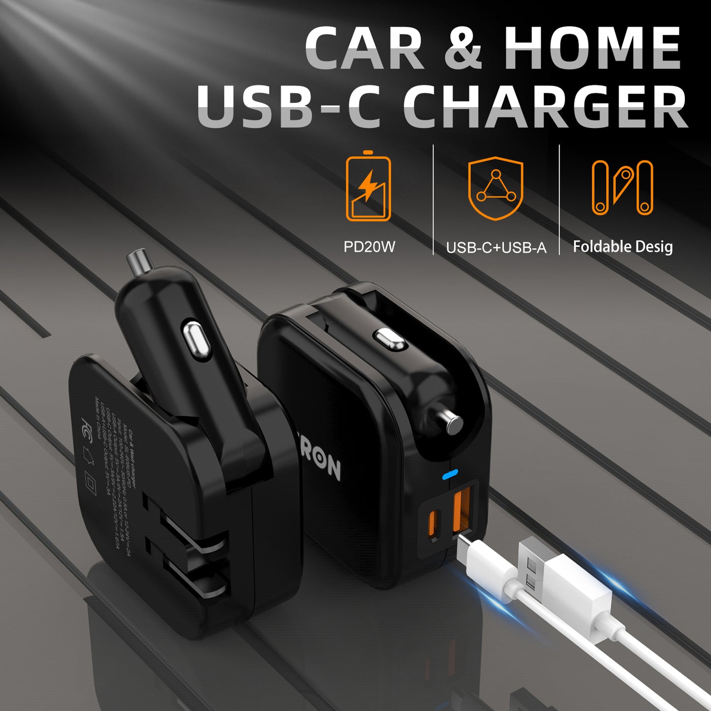 Car & Wall Charger USA, 2-Port USB-C with LED Light-TR17