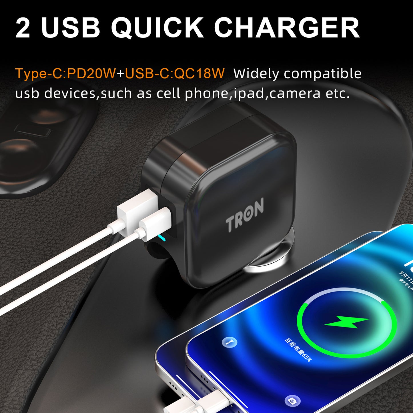 Car & Wall Charger USA, 2-Port USB-C with LED Light-TR17
