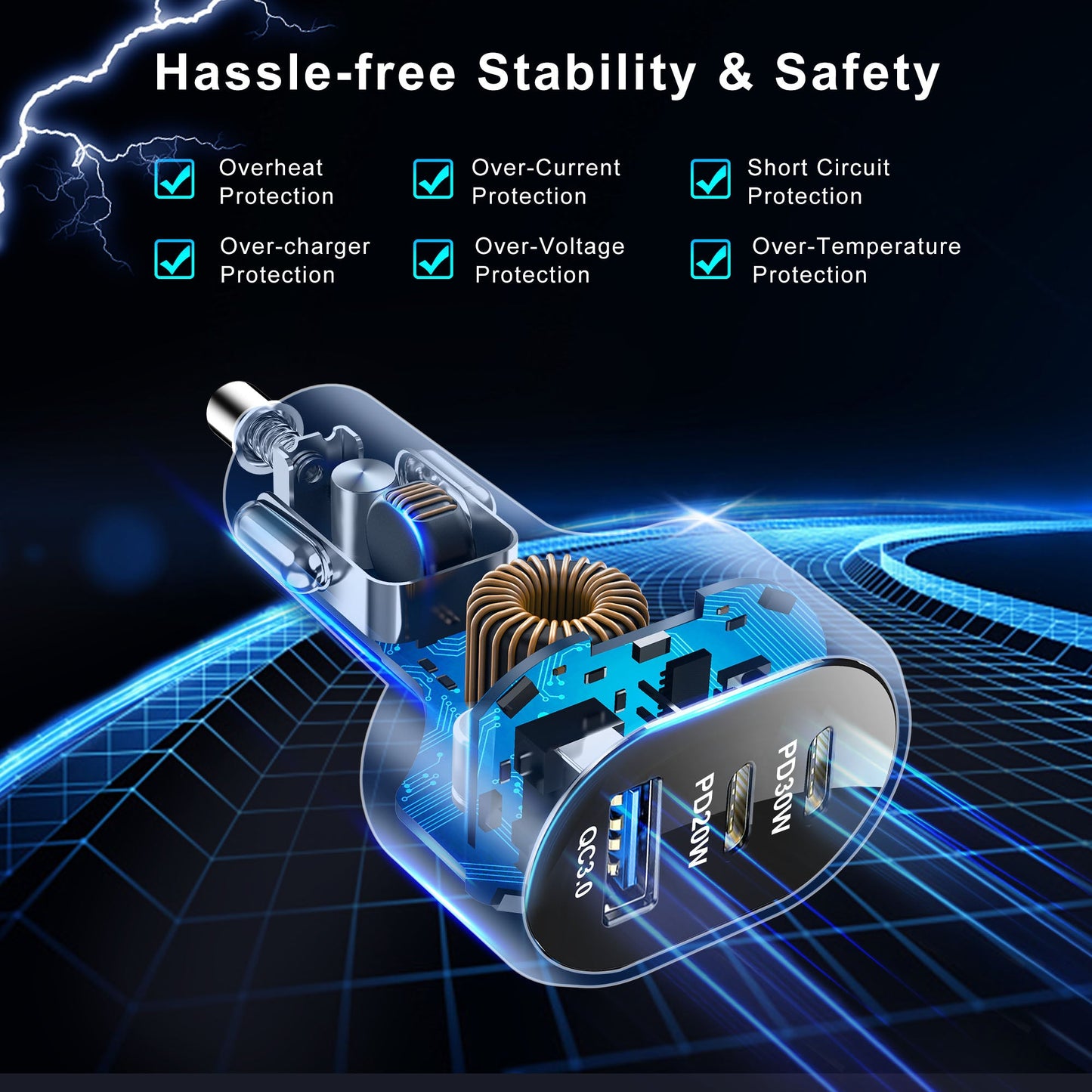 PD 50W Car Charger, 3-Port USB-A + USB-C + USB-C with LED Light-TR4
