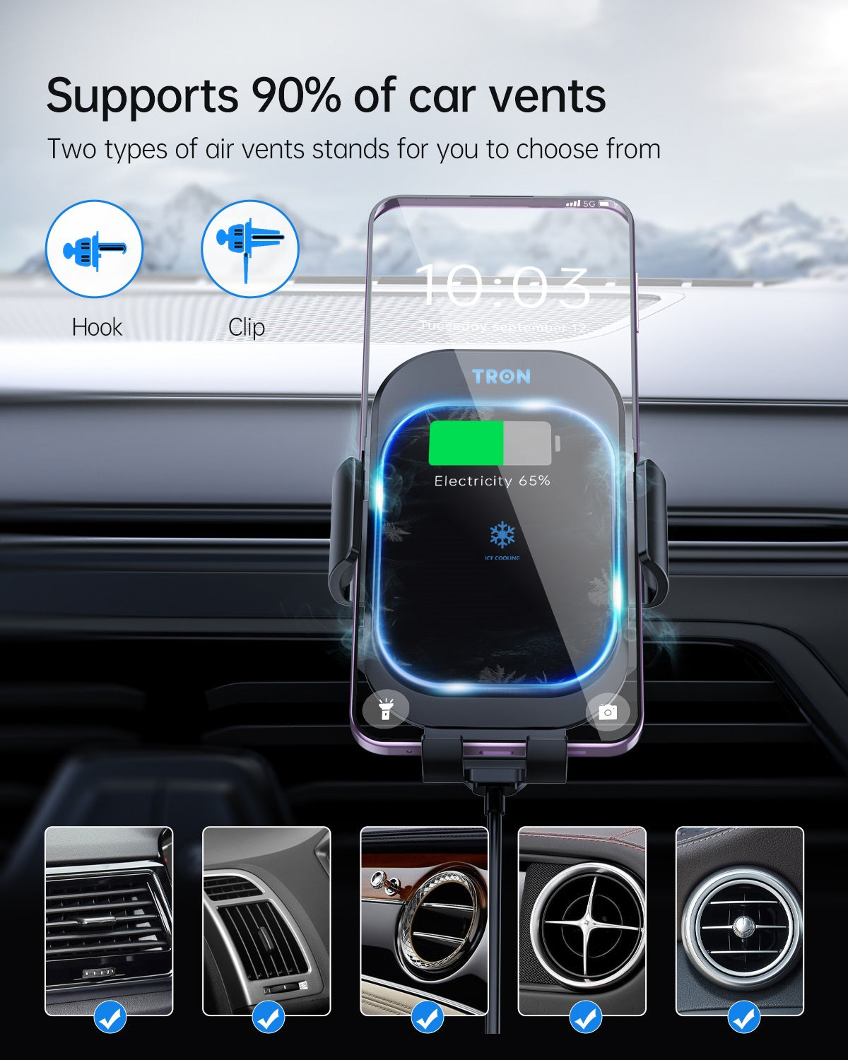 Ice Cooling Wireless Car Charger, Auto-Clamping with 3FT LED Cable and LED Light-TR33
