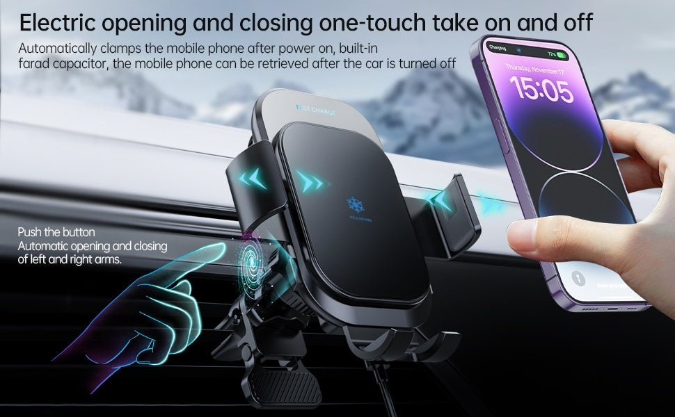 Ice Cooling Wireless Car Charger, Auto-Clamping with 3FT LED Cable and LED Light-TR33