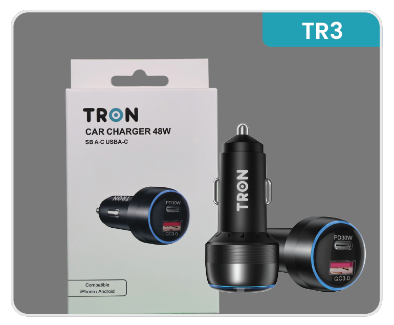 48W PD Car Charger, 2-Port USB-A + USB-C with LED Light-TR3