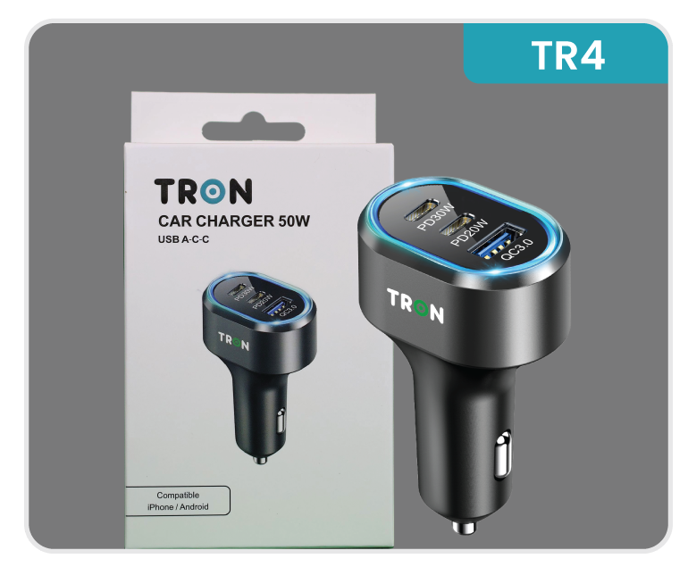 PD 50W Car Charger, 3-Port USB-A + USB-C + USB-C with LED Light-TR4