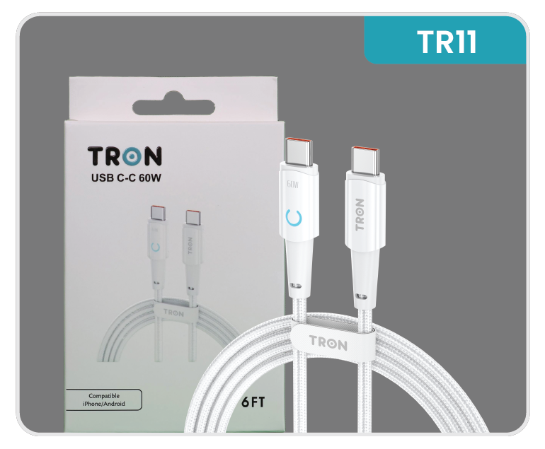 USB C to C Braided Charger Cable - White, 6FT, with LED Light-TR11