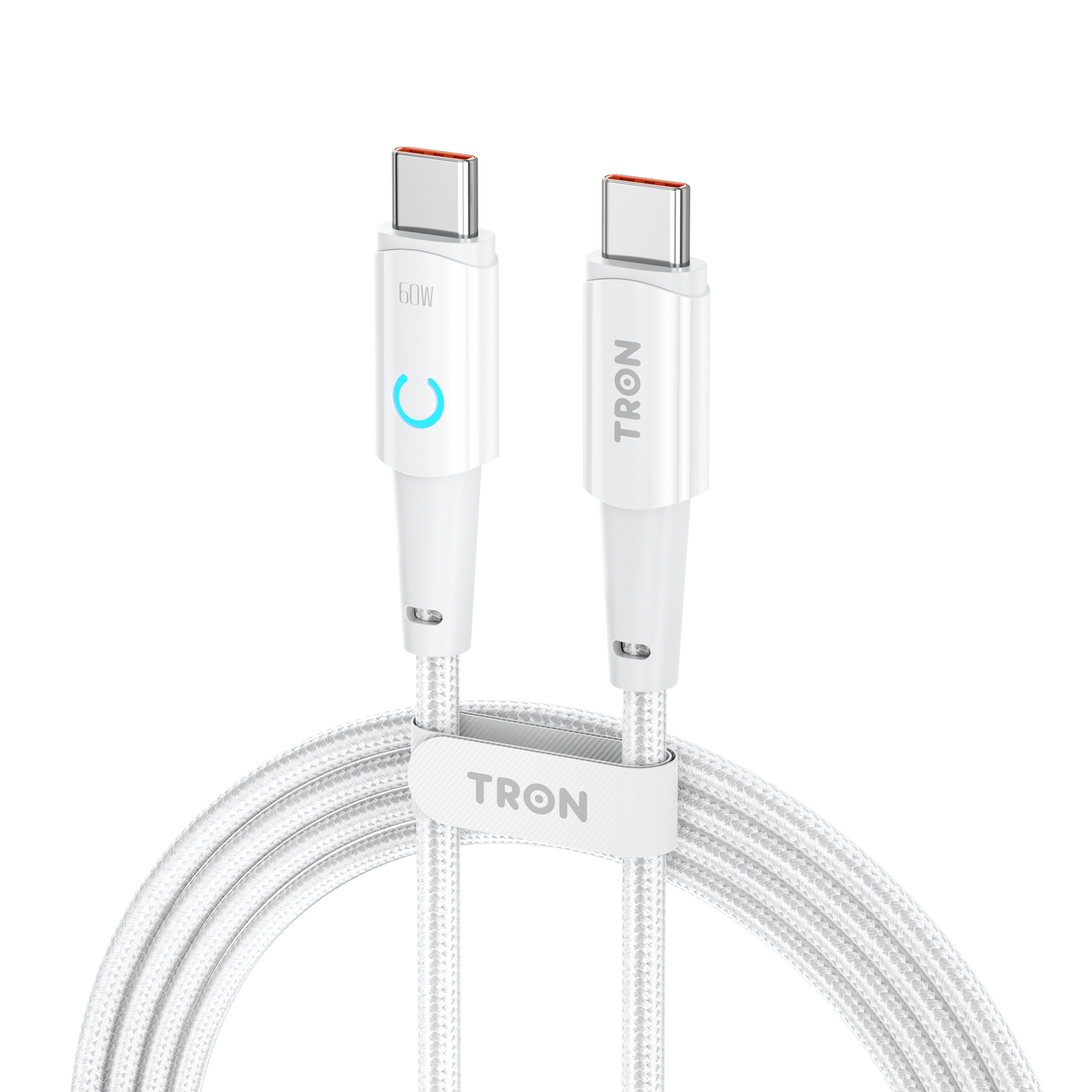 USB C to C Braided Charger Cable - White, 6FT, with LED Light-TR11