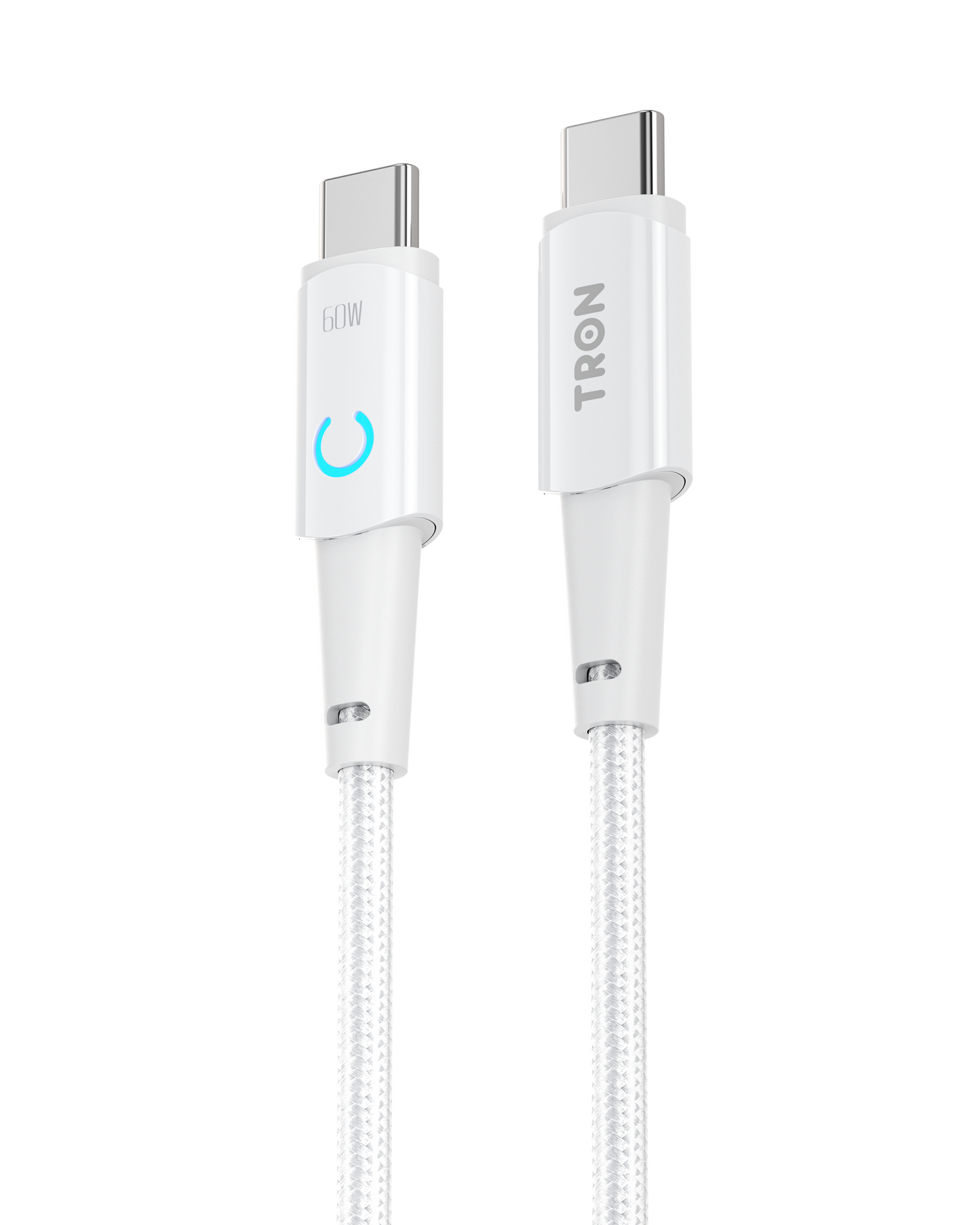 USB C to C Braided Charger Cable - White, 6FT, with LED Light-TR11