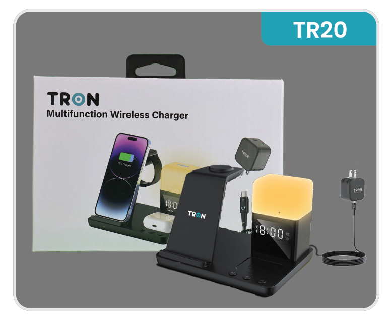 6-in-1 Wireless Charger, 25W Power Adapter, With night light and digital clock & 3FT LED Cable-TR20
