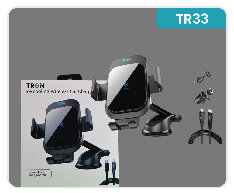 Ice Cooling Wireless Car Charger, Auto-Clamping with 3FT LED Cable and LED Light-TR33