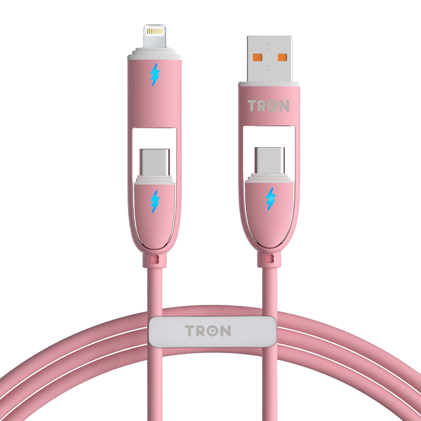 4-in-1 USB A to C Charger Cable - Pink, 5FT, with LED Light-TR49