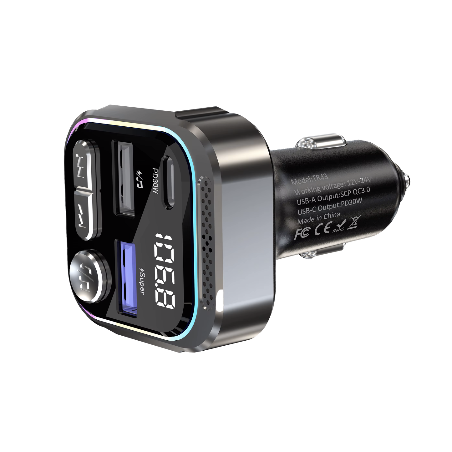 30W Car Bluetooth FM Transmitter & Power Adapter, 3-Port USB-A + USB-A + USB-C with LED Light-TR43