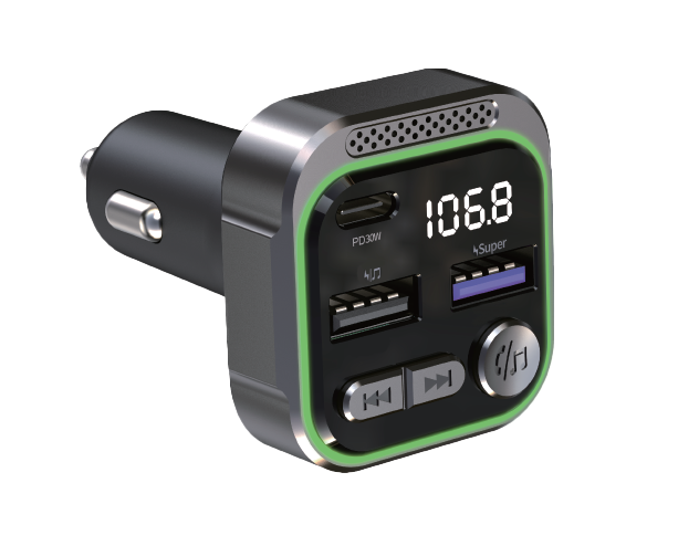 30W Car Bluetooth FM Transmitter & Power Adapter, 3-Port USB-A + USB-A + USB-C with LED Light-TR43