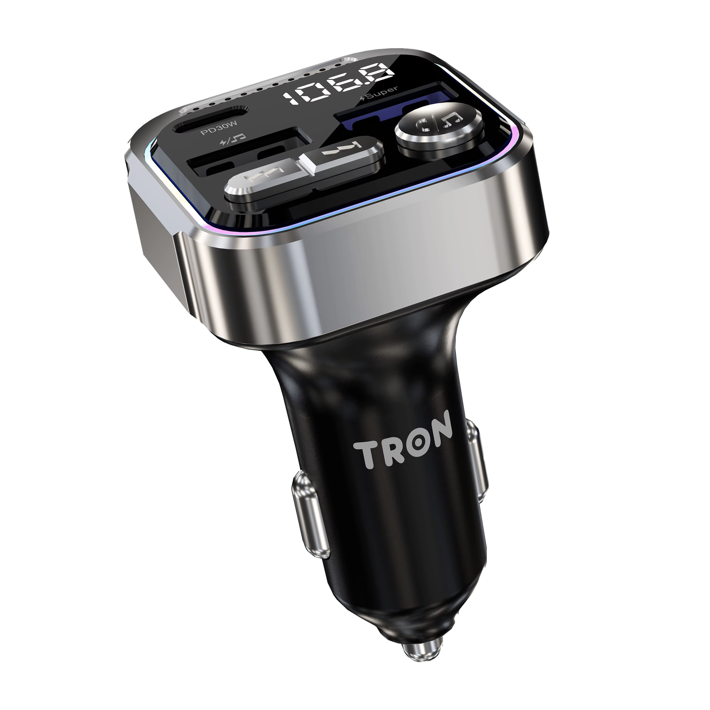 30W Car Bluetooth FM Transmitter & Power Adapter, 3-Port USB-A + USB-A + USB-C with LED Light-TR43