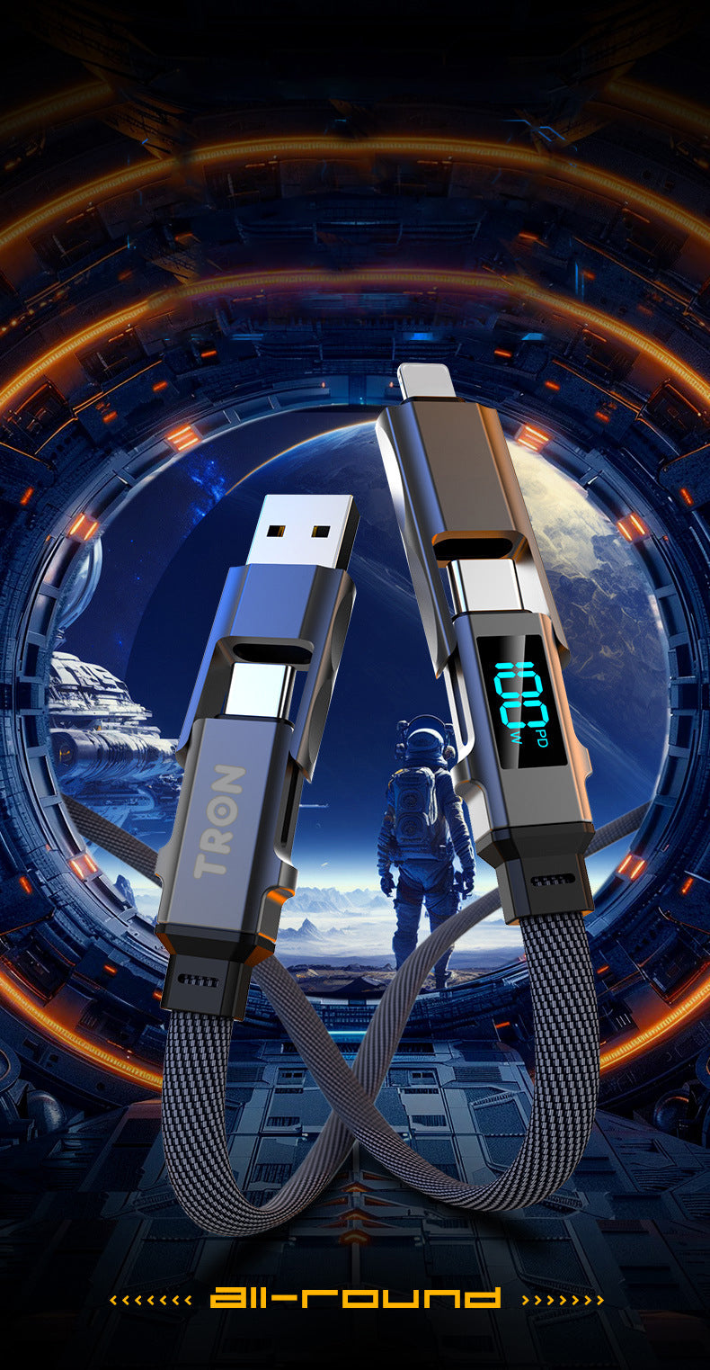 4-in-1 USB A to C Braided Charger Cable - Gray, 5FT, with LED Screen-TR52