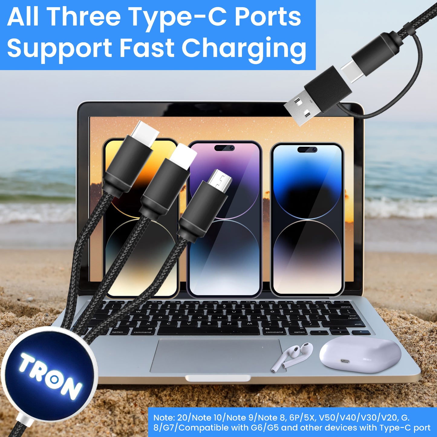 5-in-1 Braided Charging Cable - 5FT, with LED Light-TR61