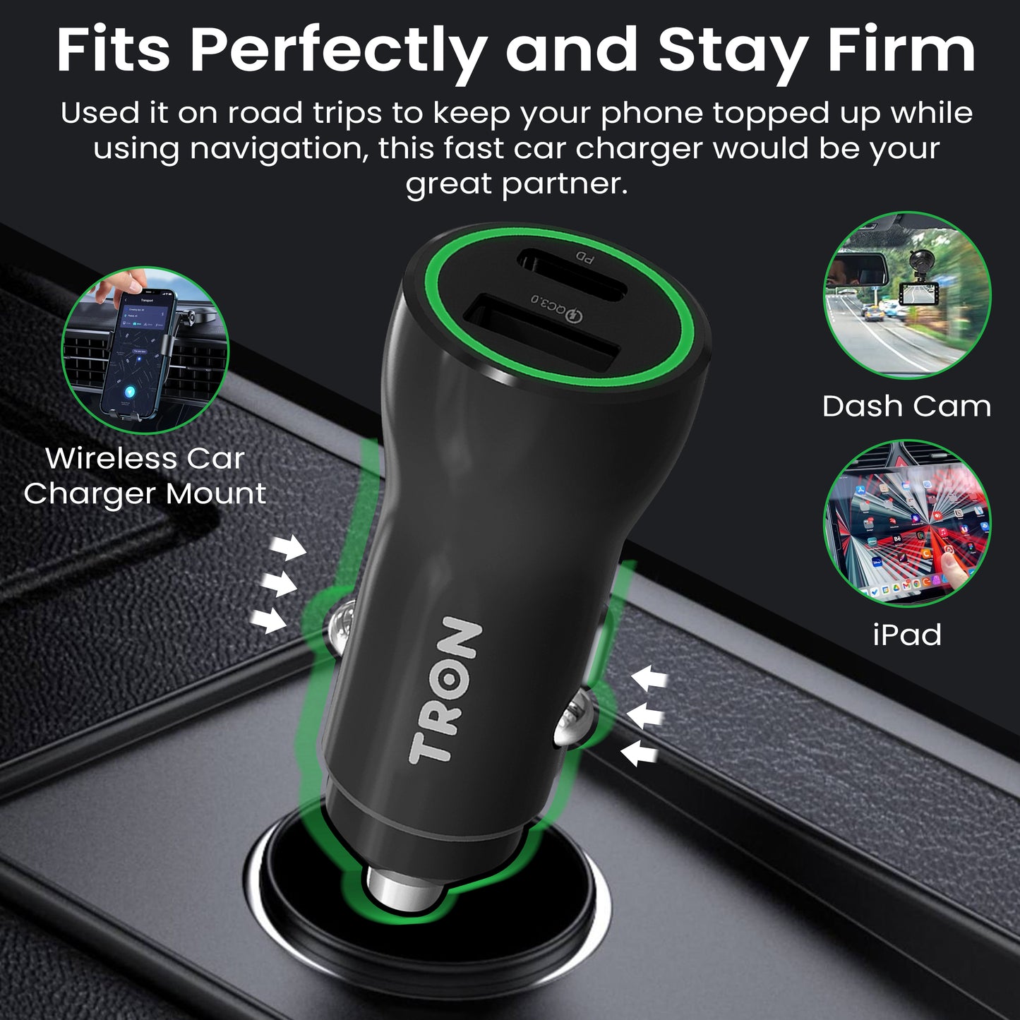 36W Car Charger, 2-Port USB-A + USB-C with LED Light-TR5