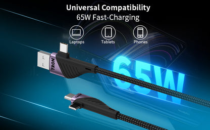 4-in-1 USB A to C and Lightning Braided Charger Cable - 6FT, Black and Purple-TR62