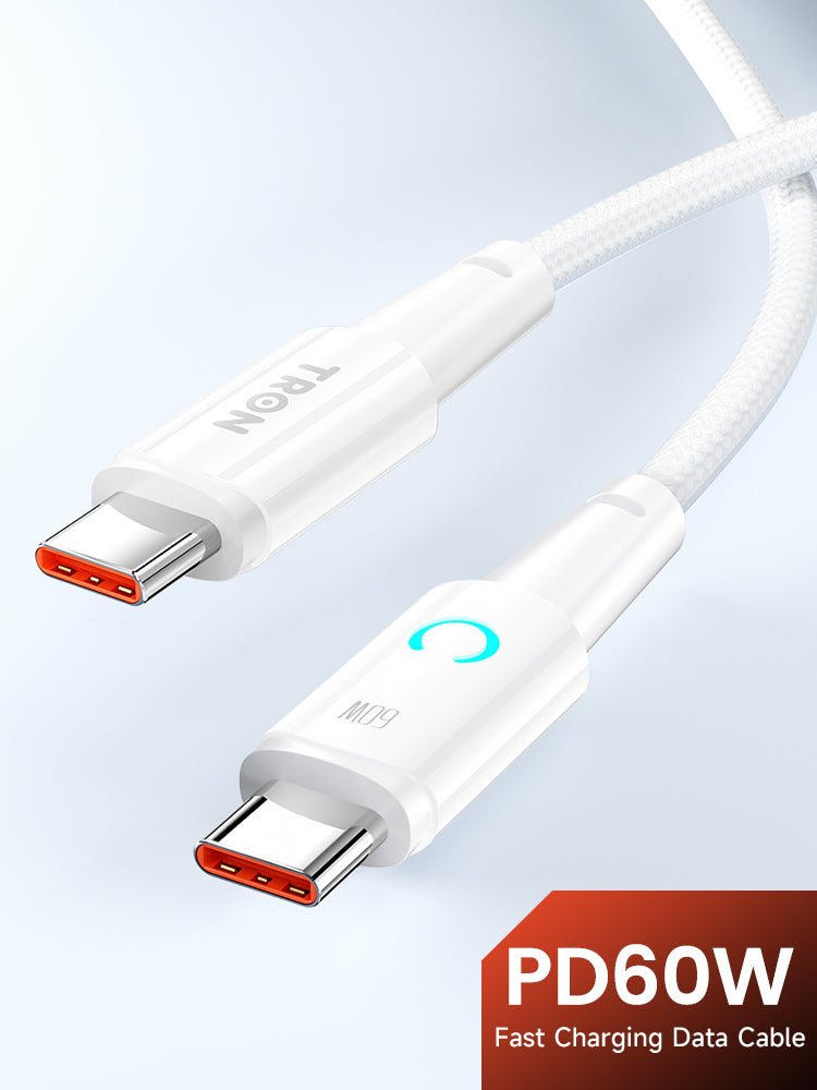 USB C to C Braided Charger Cable - White, 6FT, with LED Light-TR11