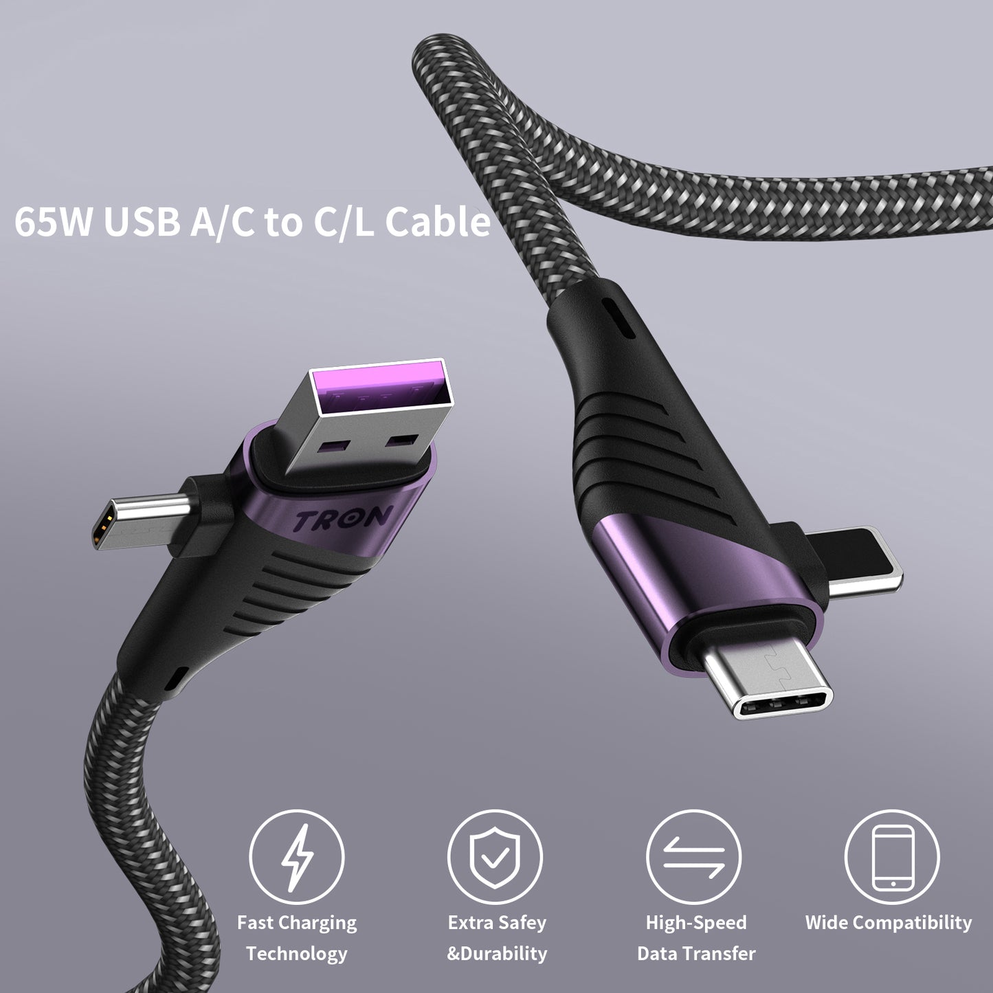 4-in-1 USB A to C and Lightning Braided Charger Cable - 6FT, Black and Purple-TR62