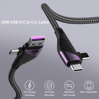 4-in-1 USB A to C and Lightning Braided Charger Cable - 6FT, Black and Purple-TR62