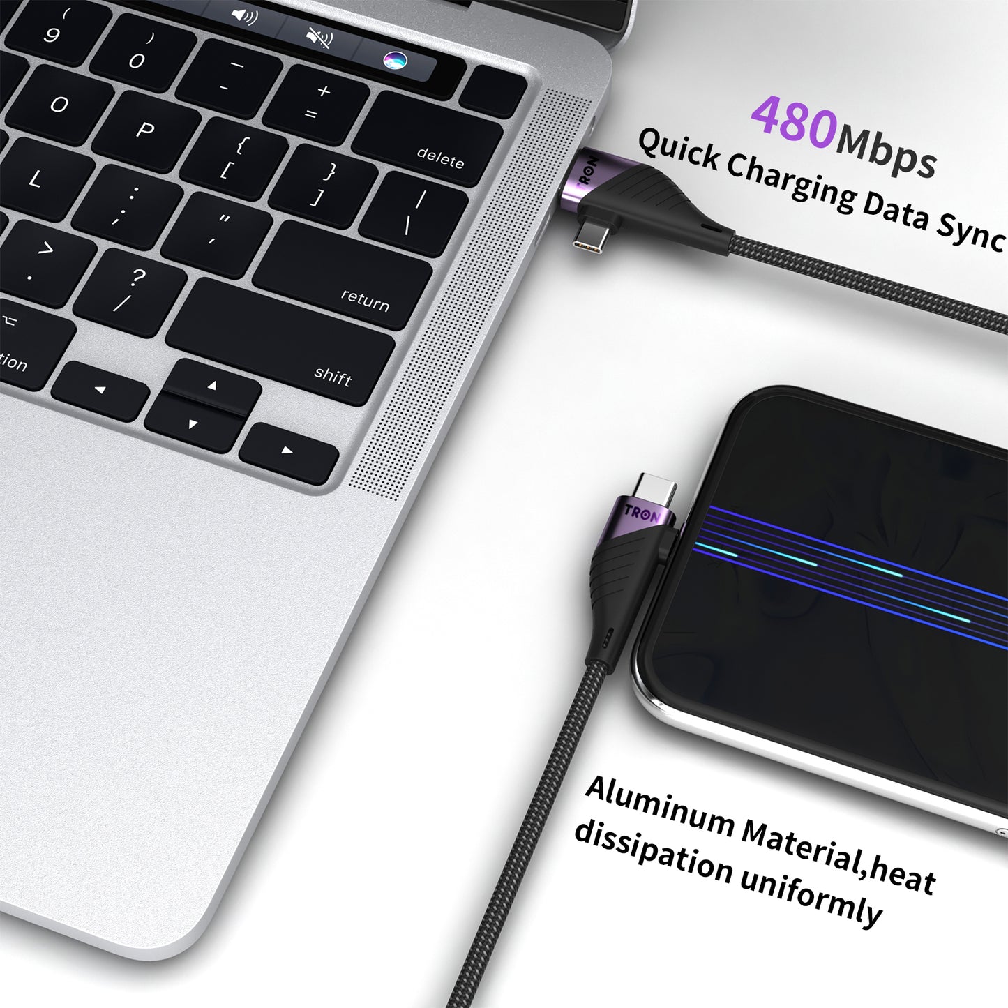 4-in-1 USB A to C and Lightning Braided Charger Cable - 6FT, Black and Purple-TR62