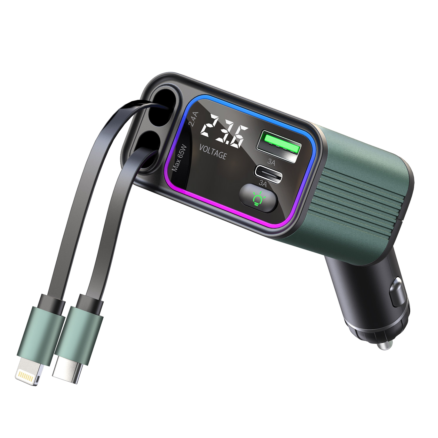 65W 4-in-1 Car Charger, 2-Port USB-C with LED Light