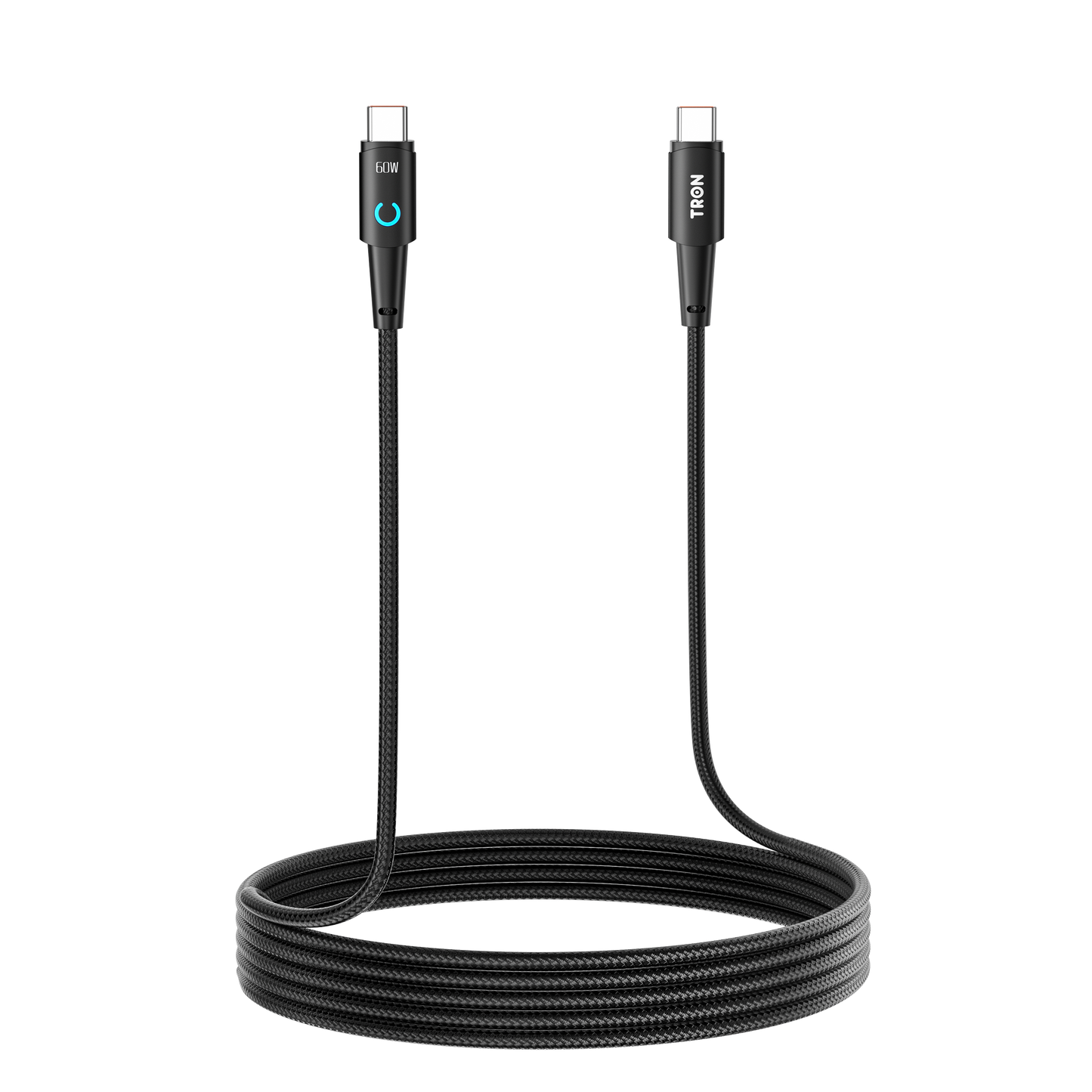 USB C to C Braided Charger Cable - Black, 6FT, with LED Light