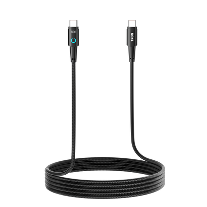 USB C to C Braided Charger Cable - Black, 6FT, with LED Light