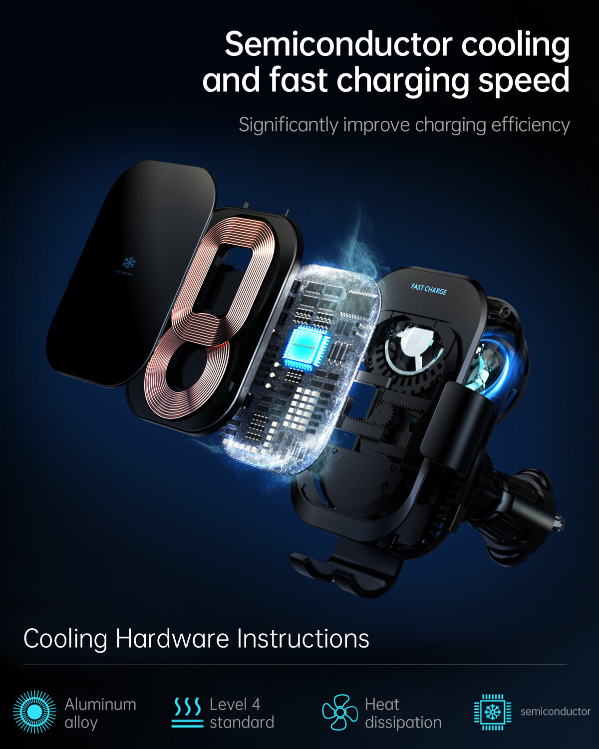 Ice Cooling Wireless Car Charger, Auto-Clamping with 3FT LED Cable and LED Light