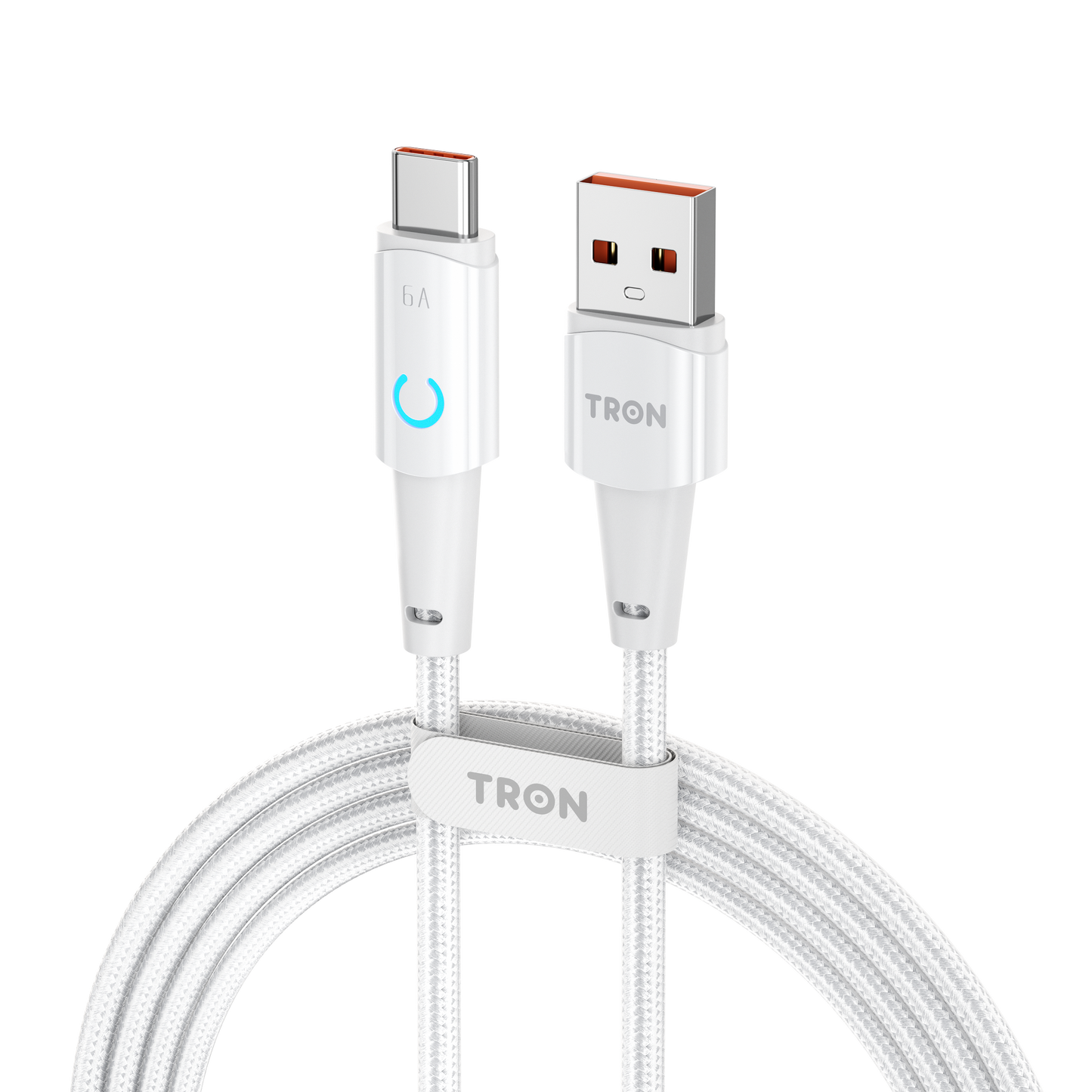 USB A to C Braided Charger Cable - White, 6FT, with LED Light