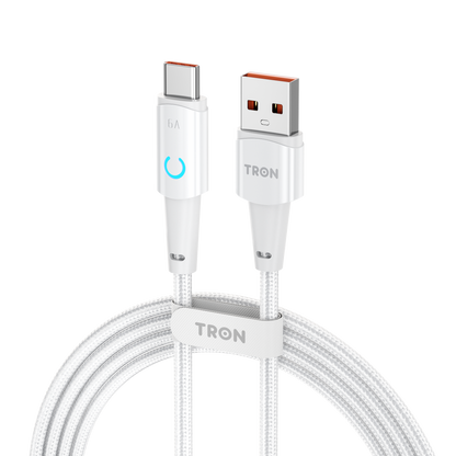 USB A to C Braided Charger Cable - White, 6FT, with LED Light