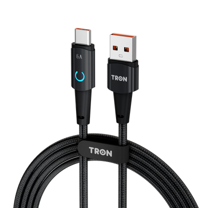 USB A to C Braided Charger Cable - Black, 6FT, with LED Light