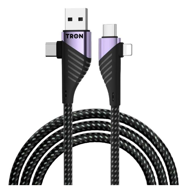 4-in-1 USB A to C and Lightning Braided Charger Cable - 6FT, Black and Purple