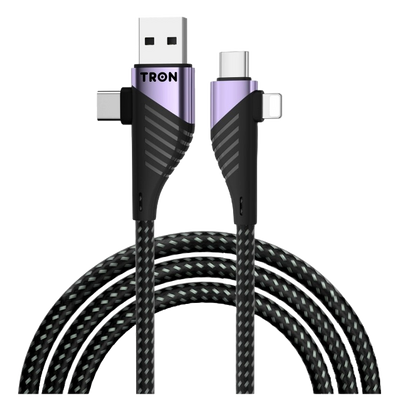 4-in-1 USB A to C and Lightning Braided Charger Cable - 6FT, Black and Purple