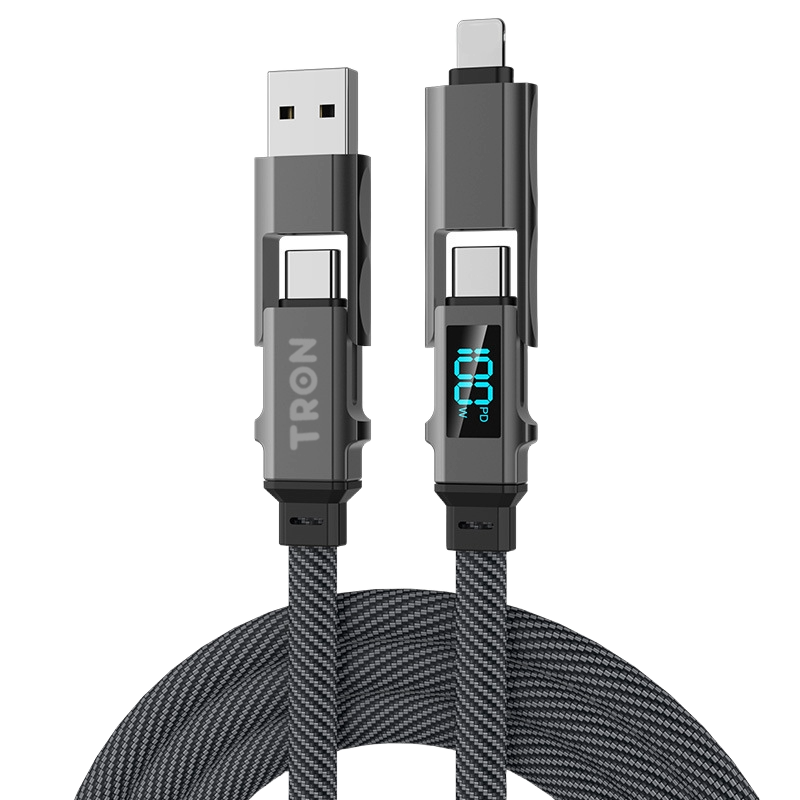 4-in-1 USB A to C Braided Charger Cable - Gray, 5FT, with LED Screen-TR52