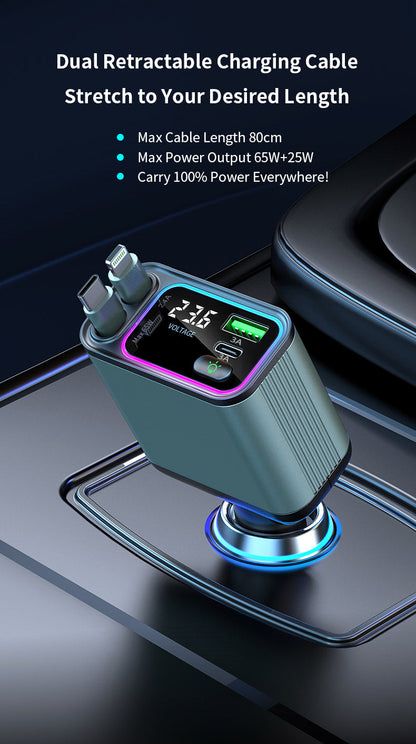 65W 4-in-1 Car Charger, 2-Port USB-C with LED Light