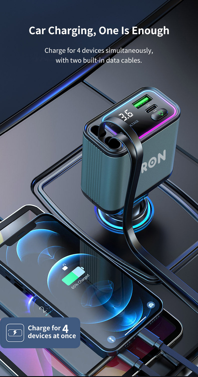 65W 4-in-1 Car Charger, 2-Port USB-C with LED Light-TR32