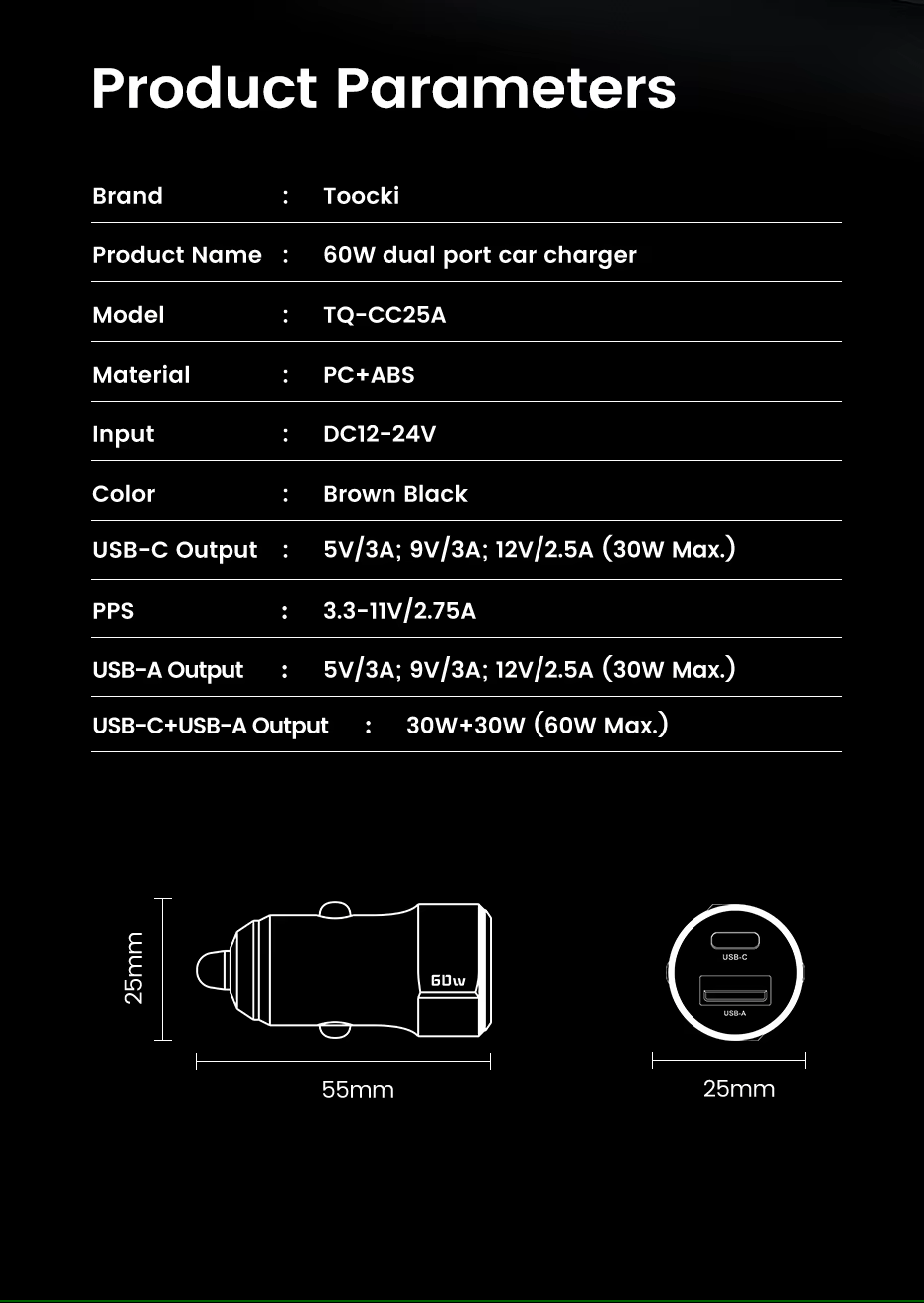 60W Car Charger, 2-Port USB-A + USB-C-TR13