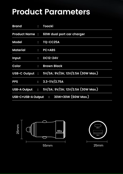 60W Car Charger, 2-Port USB-A + USB-C-TR13