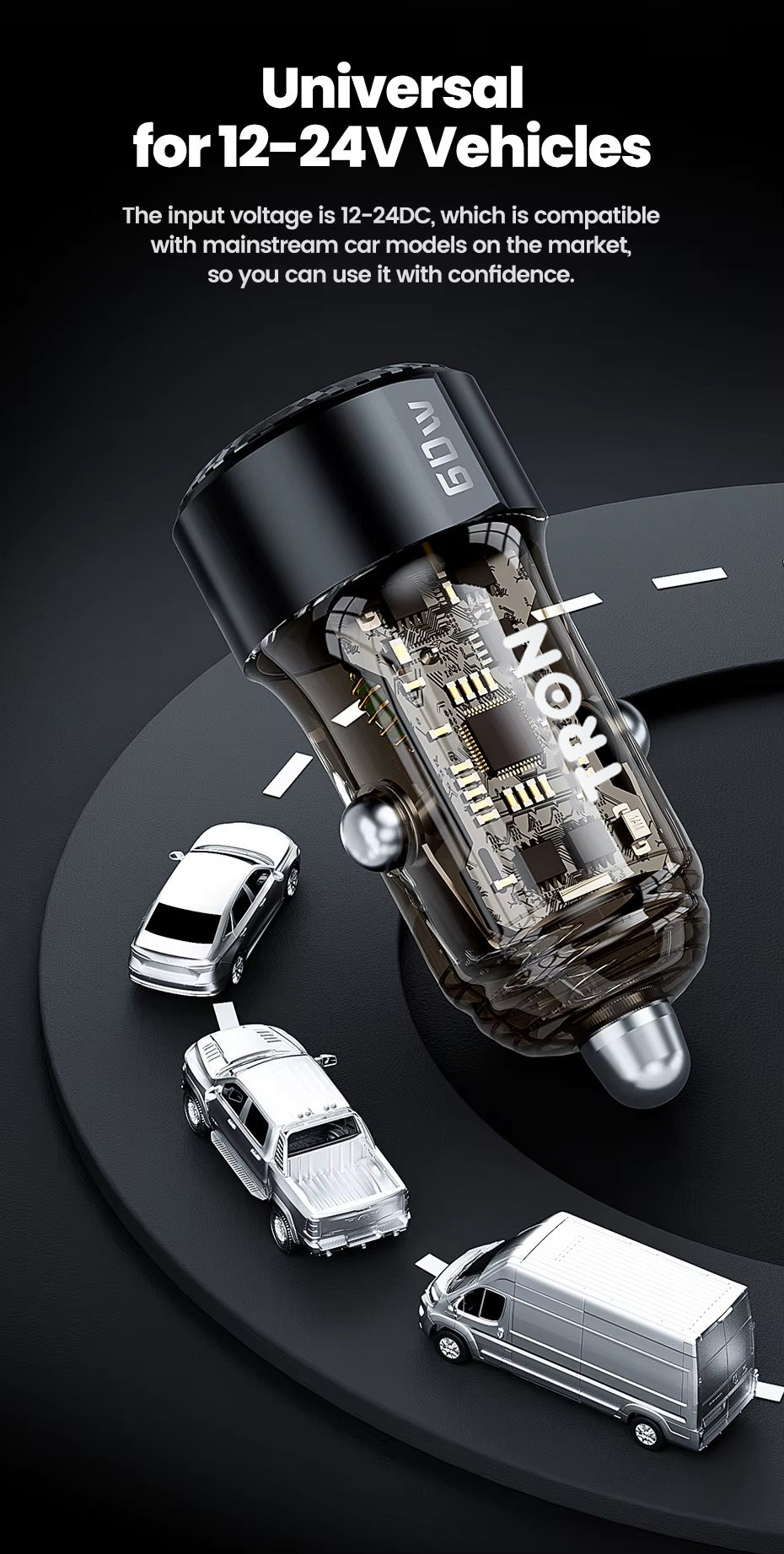 60W Car Charger, 2-Port USB-A + USB-C-TR13