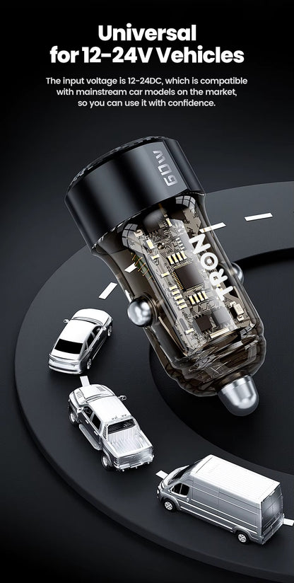 60W Car Charger, 2-Port USB-A + USB-C-TR13