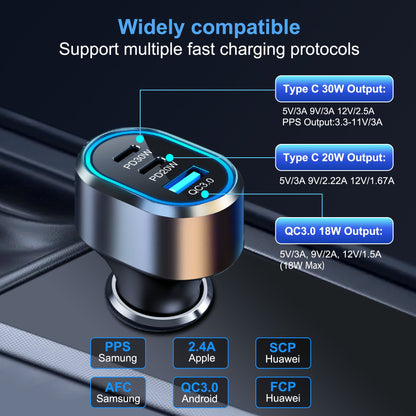 PD 50W Car Charger, 3-Port USB-A + USB-C + USB-C with LED Light